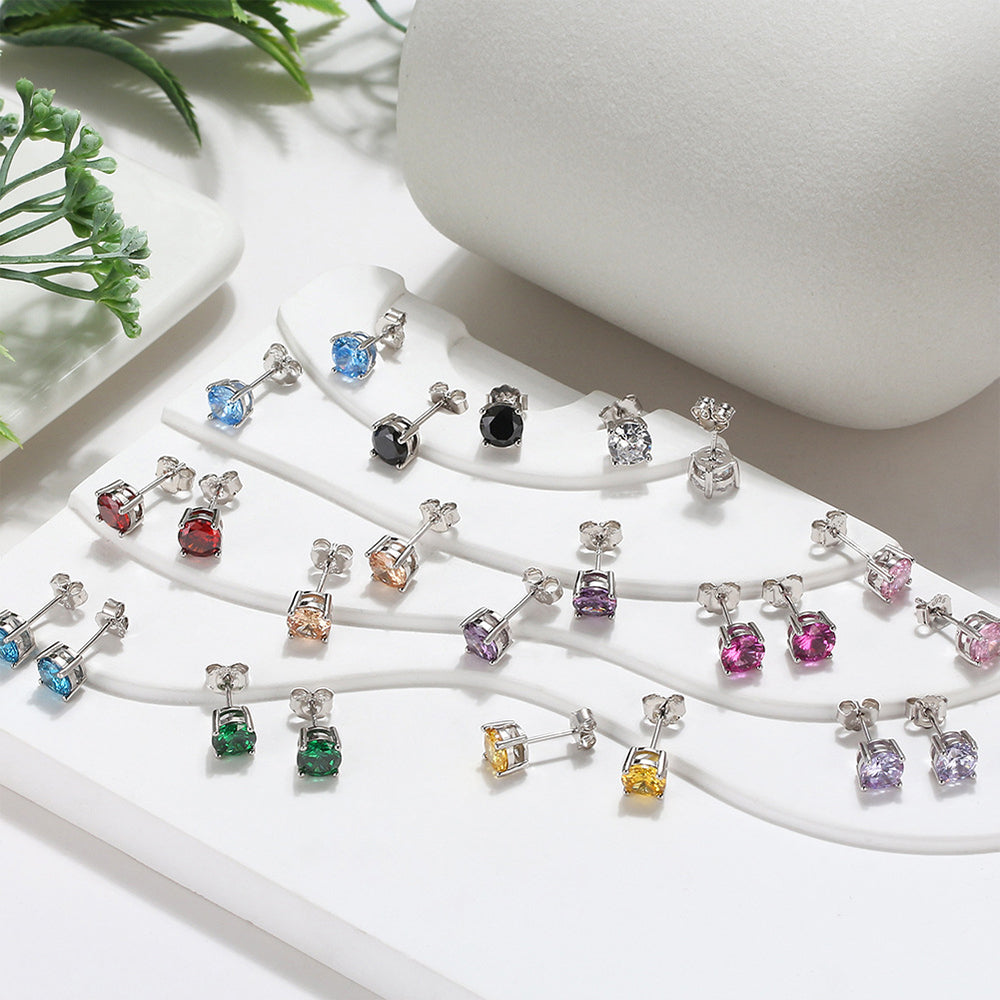 925 Sterling Silver 4 Claws 6mm Round Birthstone Earrings