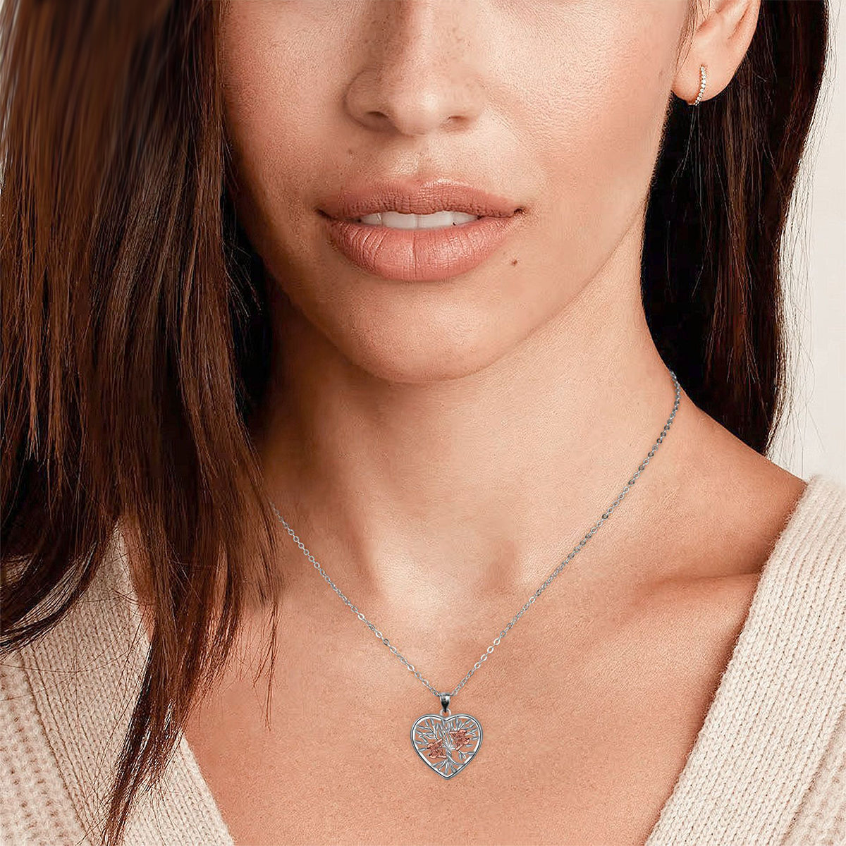 Copper With Silver/Rosegold Plated Heart Tree Pendant Necklace