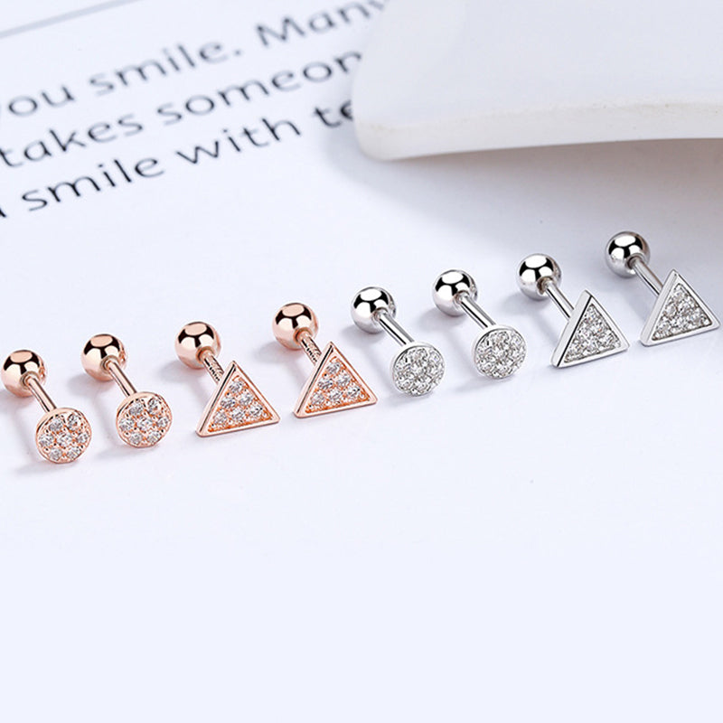 925 Sterling Silver Triangel Round Screw Back Stud Earrings