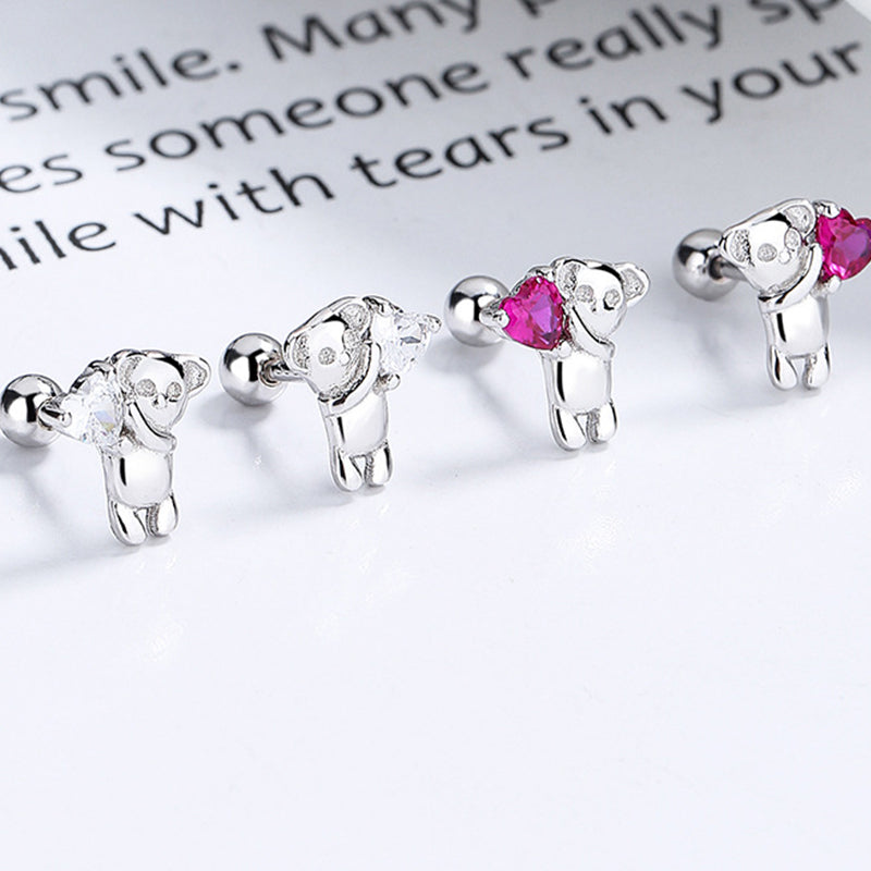 925 Sterling Silver Bear Screw Back Stud Earrings
