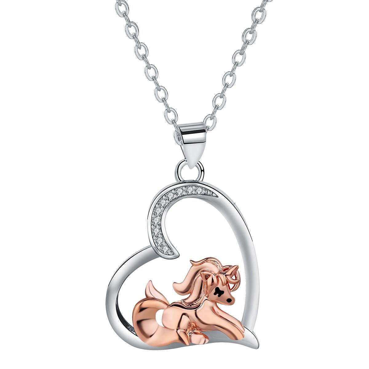 Copper With Silver/Rosegold Plated Heart Unicorn Pendant Necklace for Women