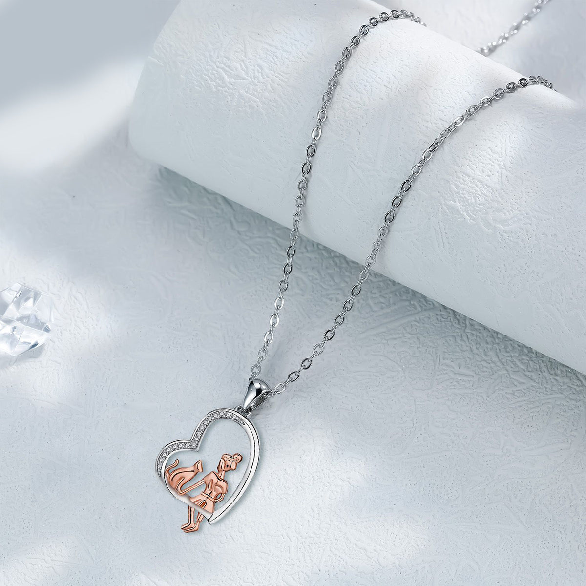 Copper With Silver/Rosegold Plated Cat and Girl Heart Pendant Necklace