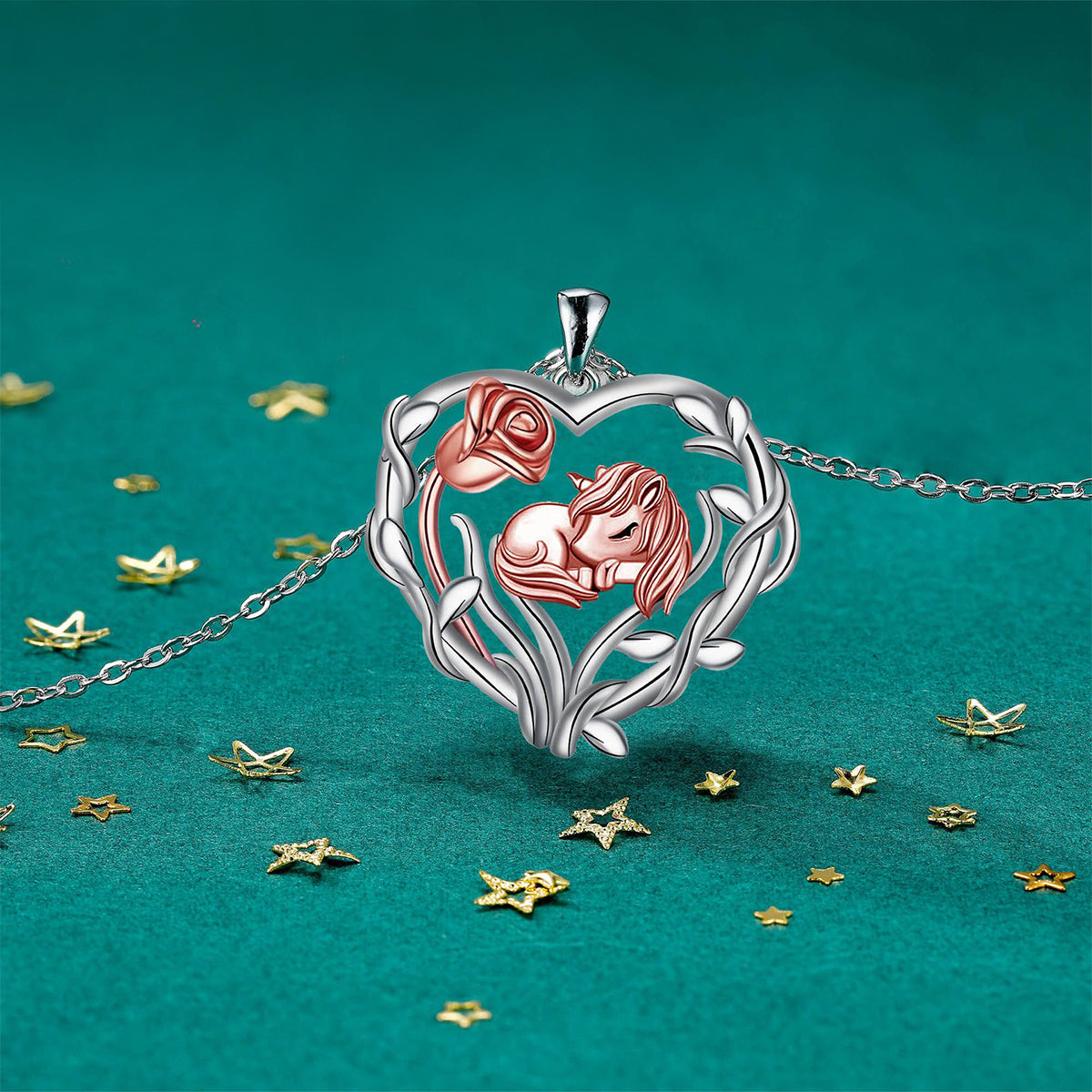 Collar con colgante de corazón de cobre bañado en plata y oro rosa