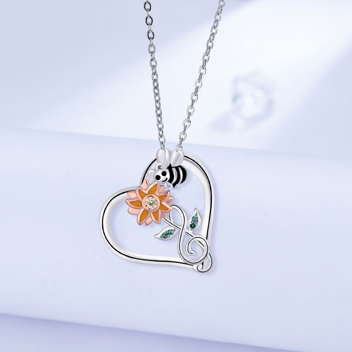Copper With Silver/Rosegold Plated Sunflower and Bee Pendant Necklace for Women
