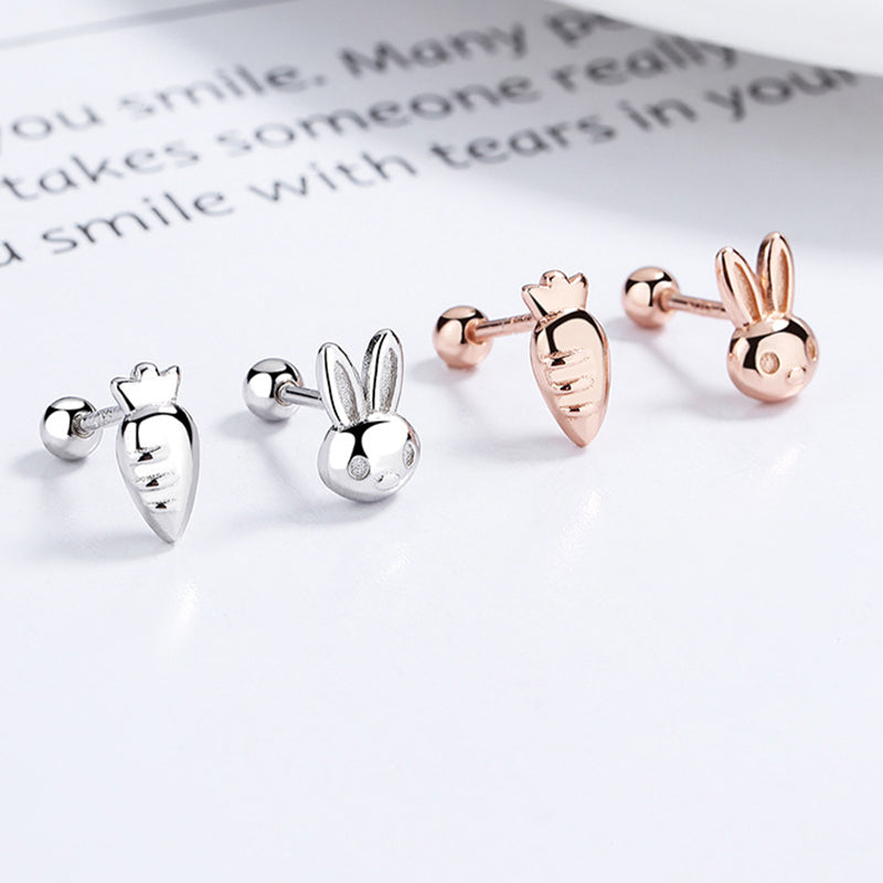 925 Sterling Silver Rabbit Carrot Screw Back Stud Earrings