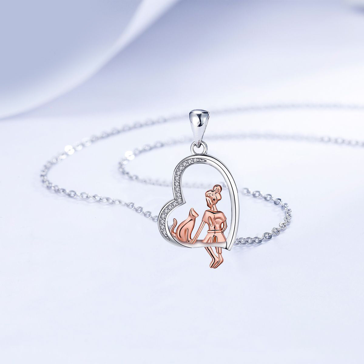 Copper With Silver/Rosegold Plated Cat and Girl Heart Pendant Necklace