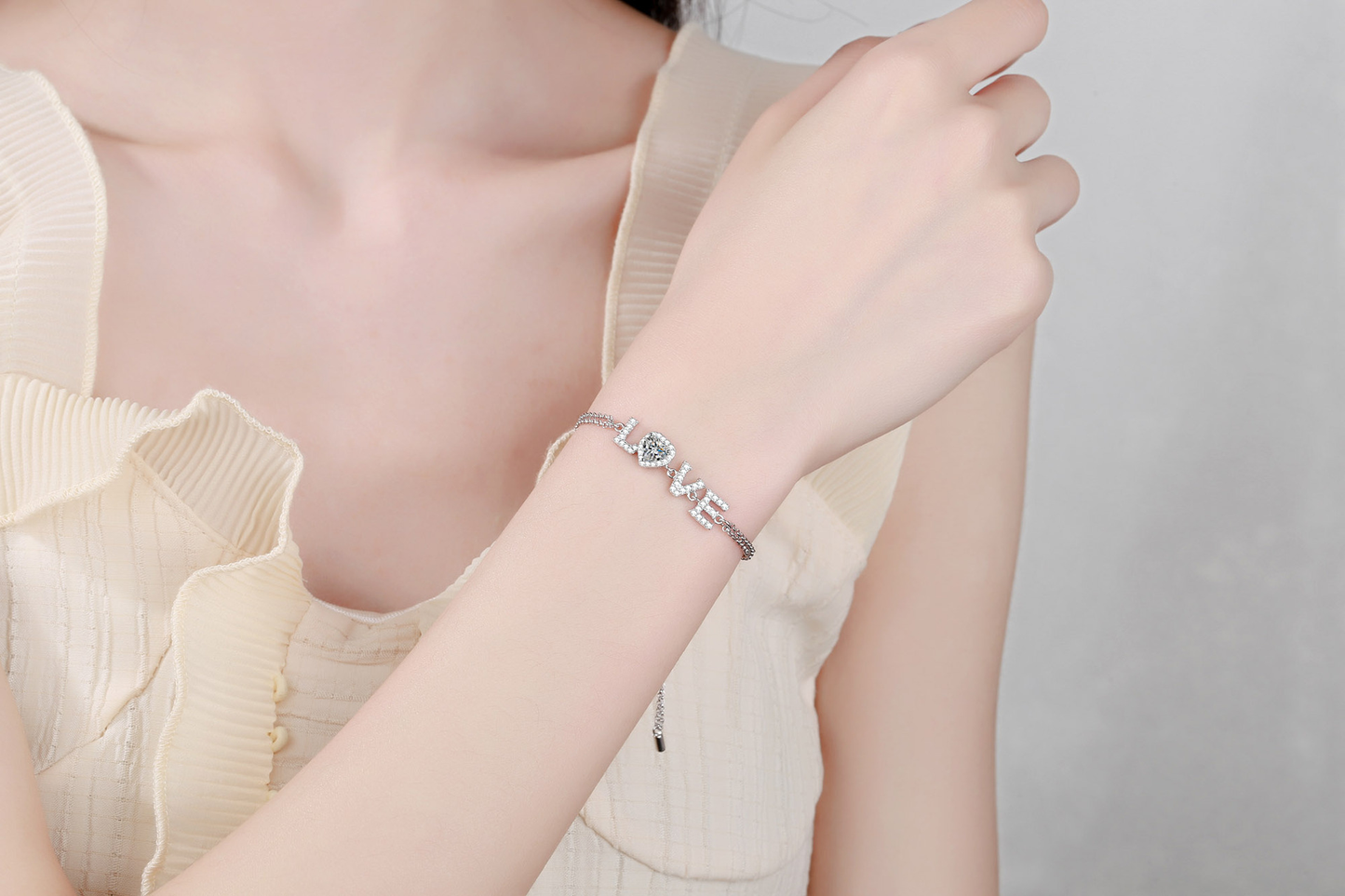 925 Sterling Silver Love Moissanite Adjustable Bracelet for Women Girls