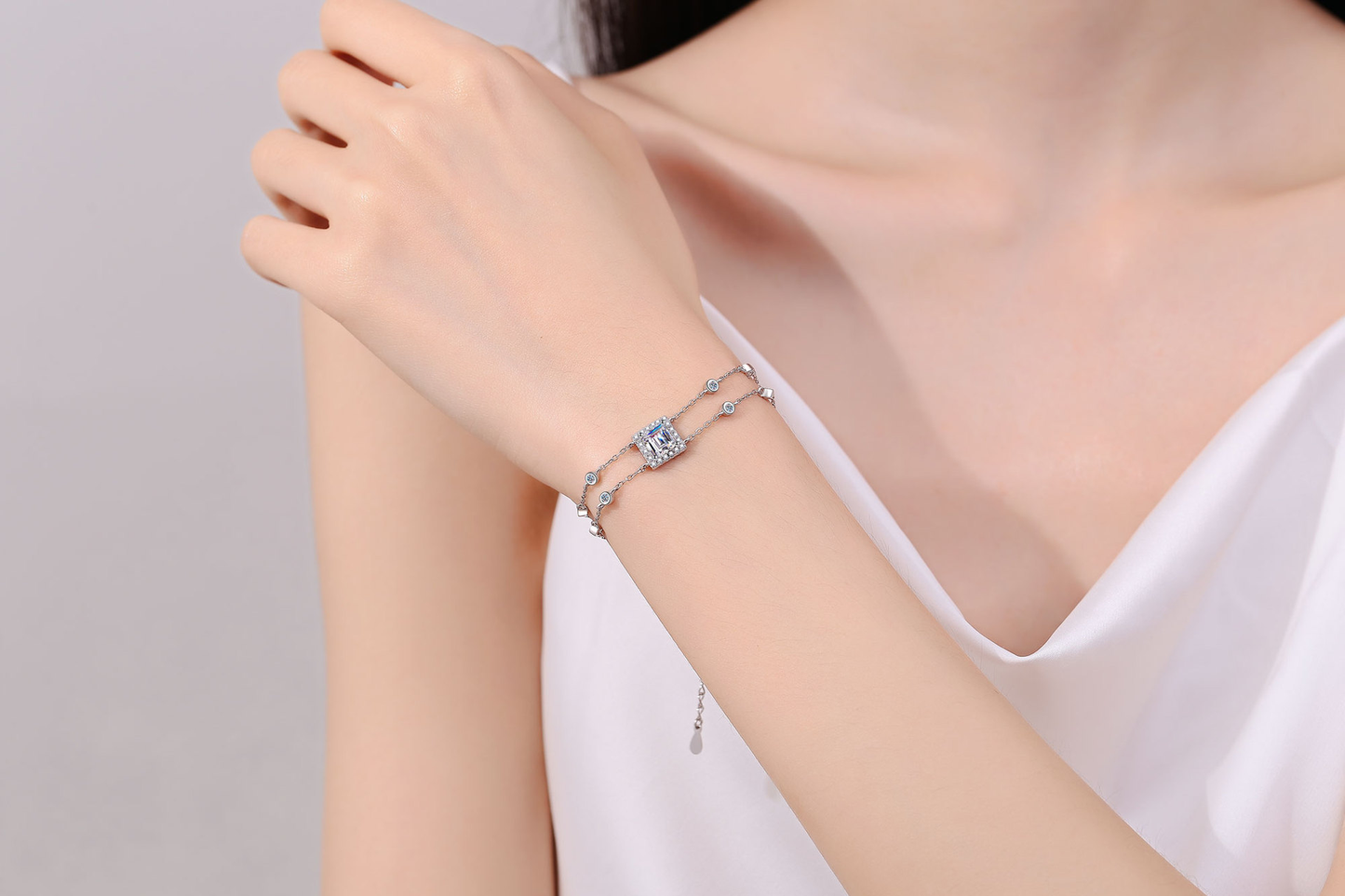 925 Sterling Silver Princess Moissanite Two layers Bracelet with Extension Chain for Women Girl
