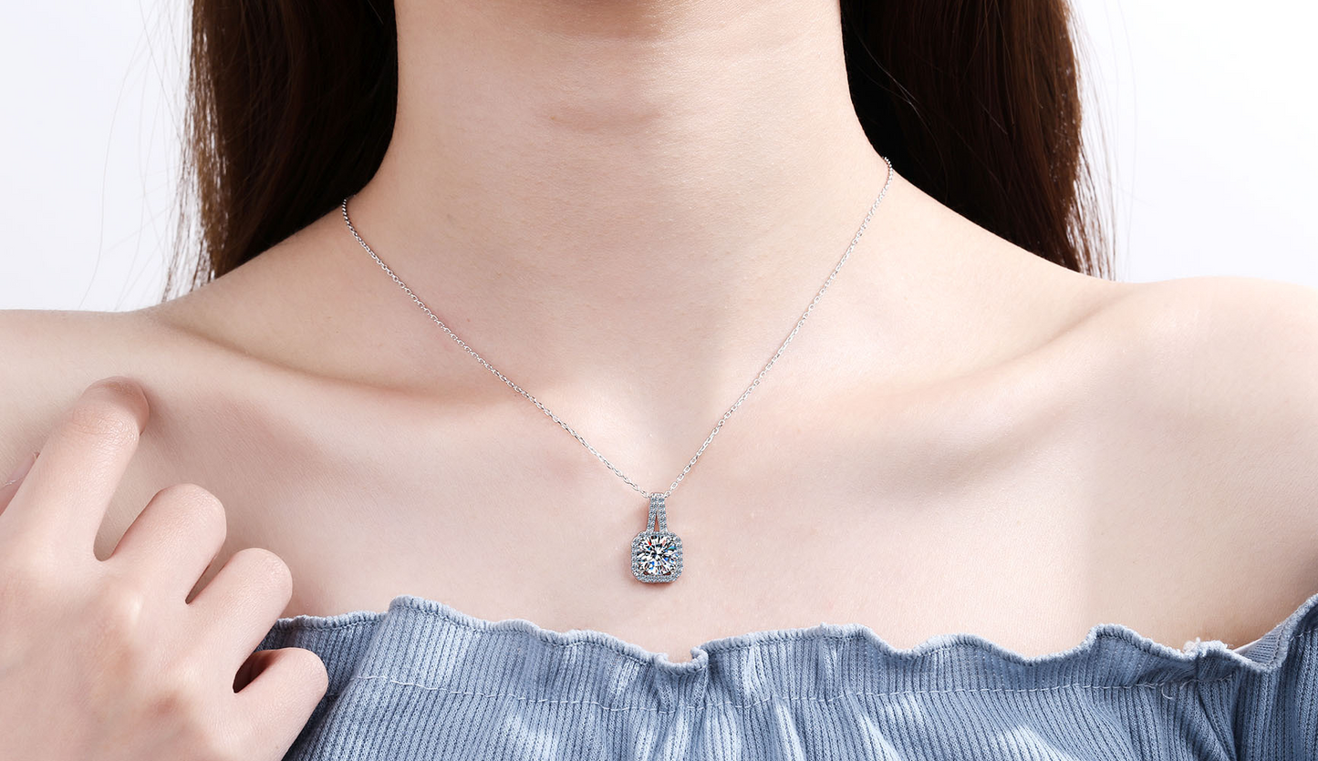 925 Sterling Silver Square Cushion Moissanite Halo Pendant Necklace