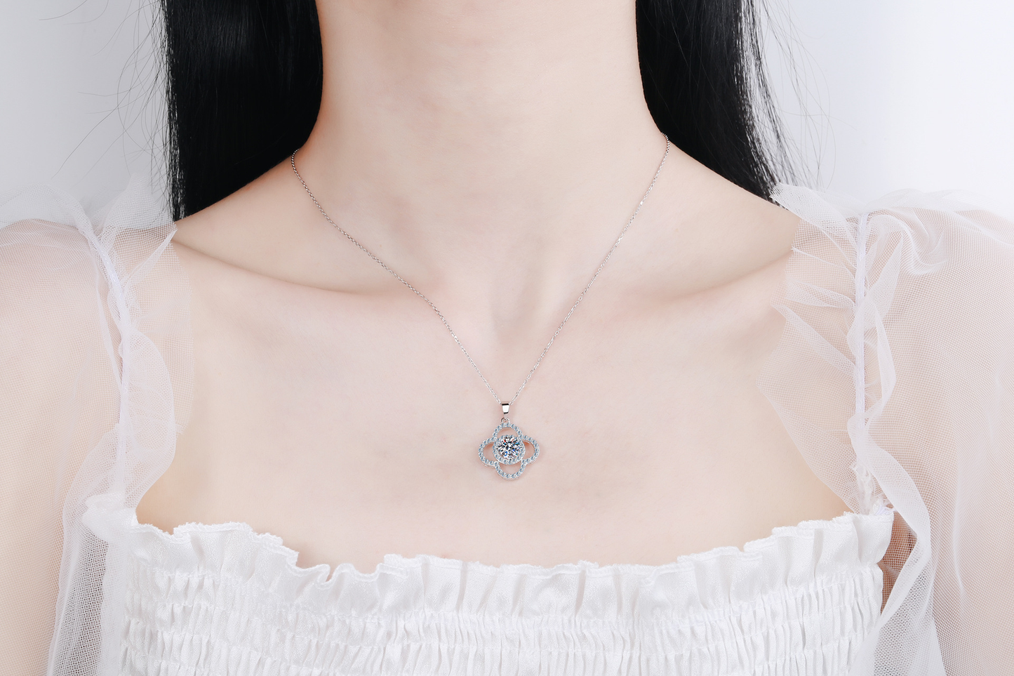 925 Sterling Silver Moissanite Four Leaf Halo Pendant Necklace