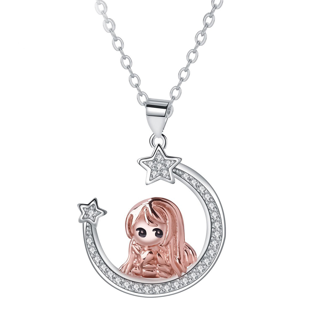 Copper With Silver/Rosegold Plated Girl Star Pendant Necklace