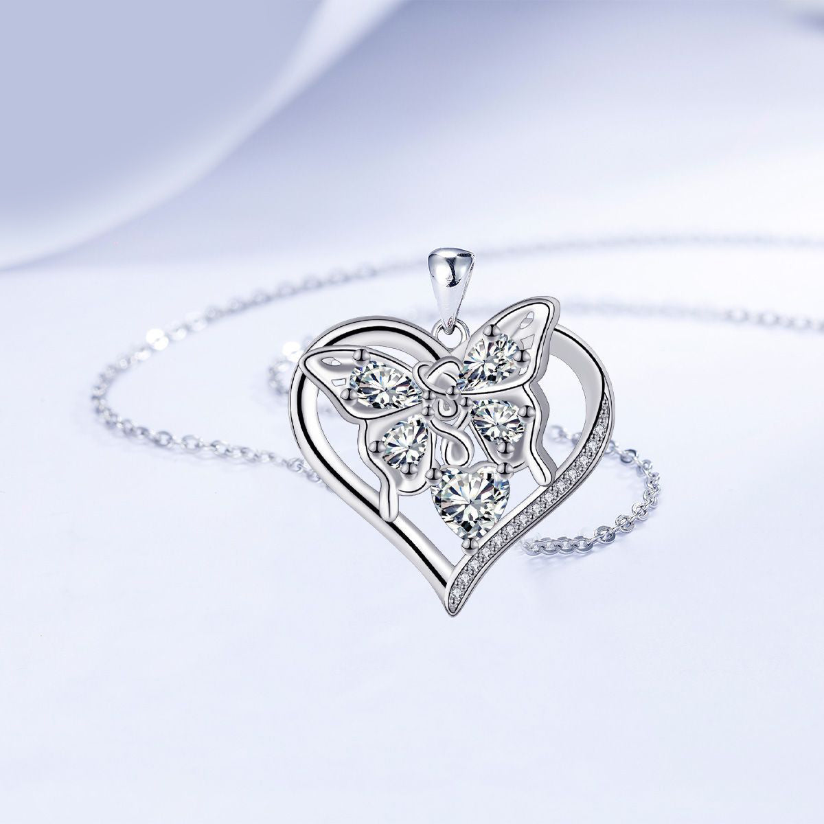Copper With Silver Plated Heart Butterfly Pendant Necklace for Women
