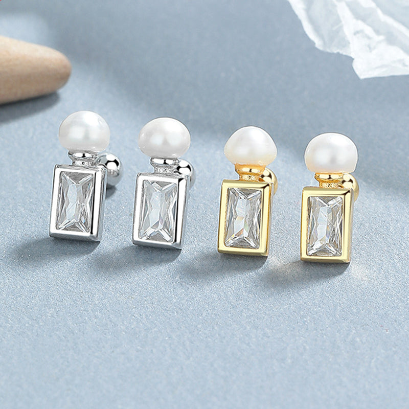925 Sterling Silver Pearl Screw Back Stud Earrings