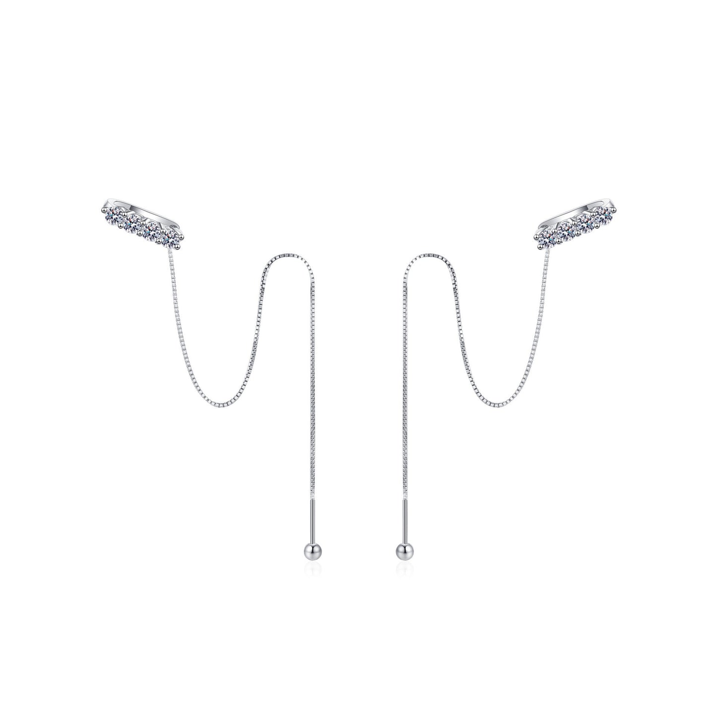 925 Sterling Silver Moissanite Ear Clip Box Long Chain Earrings