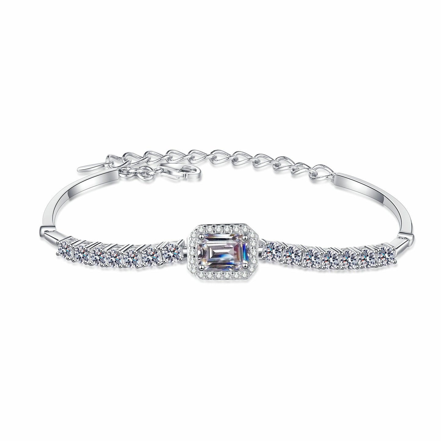 Pulsera de moissanita radiante/esmeralda en plata de ley 925 con cadena de lujo extensible para mujer y niña.