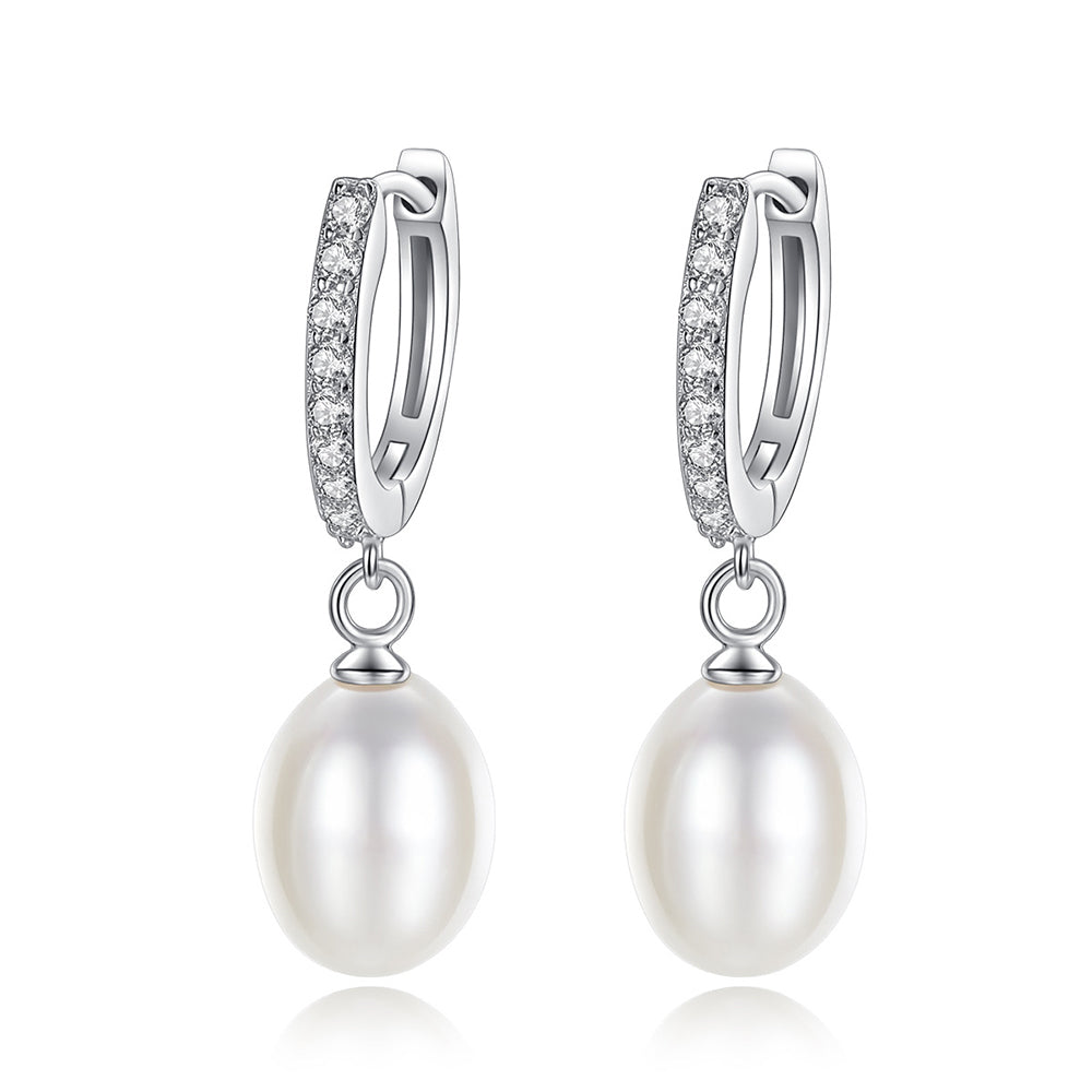 925 Sterling Silver Natural Pearl Drop Huggie Earrings Fashion Jewelry Gift for Women Girls