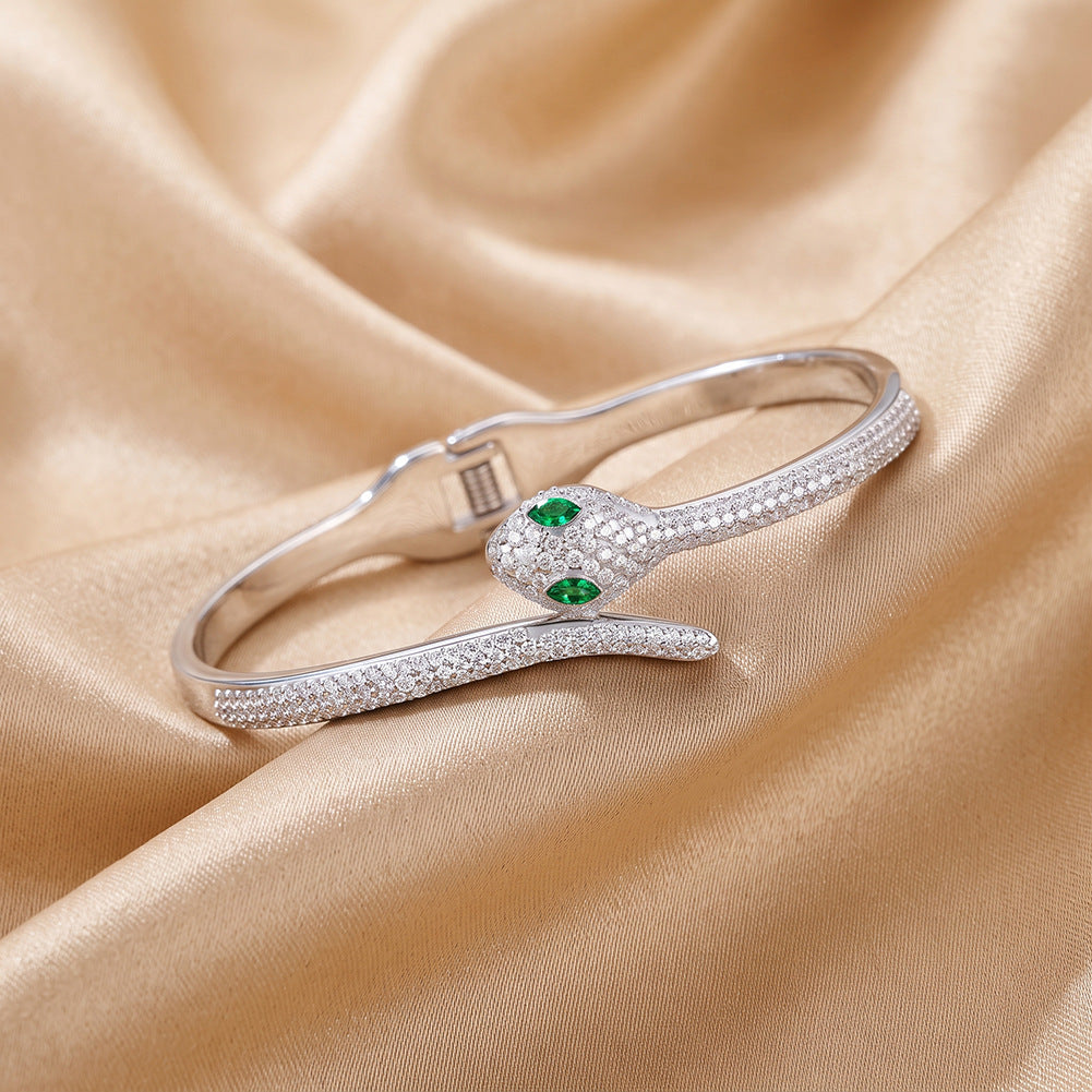Stainless Steel Silver Snake Bangle Bracelet Paved with Clear CZ and Green CZ Eyes
