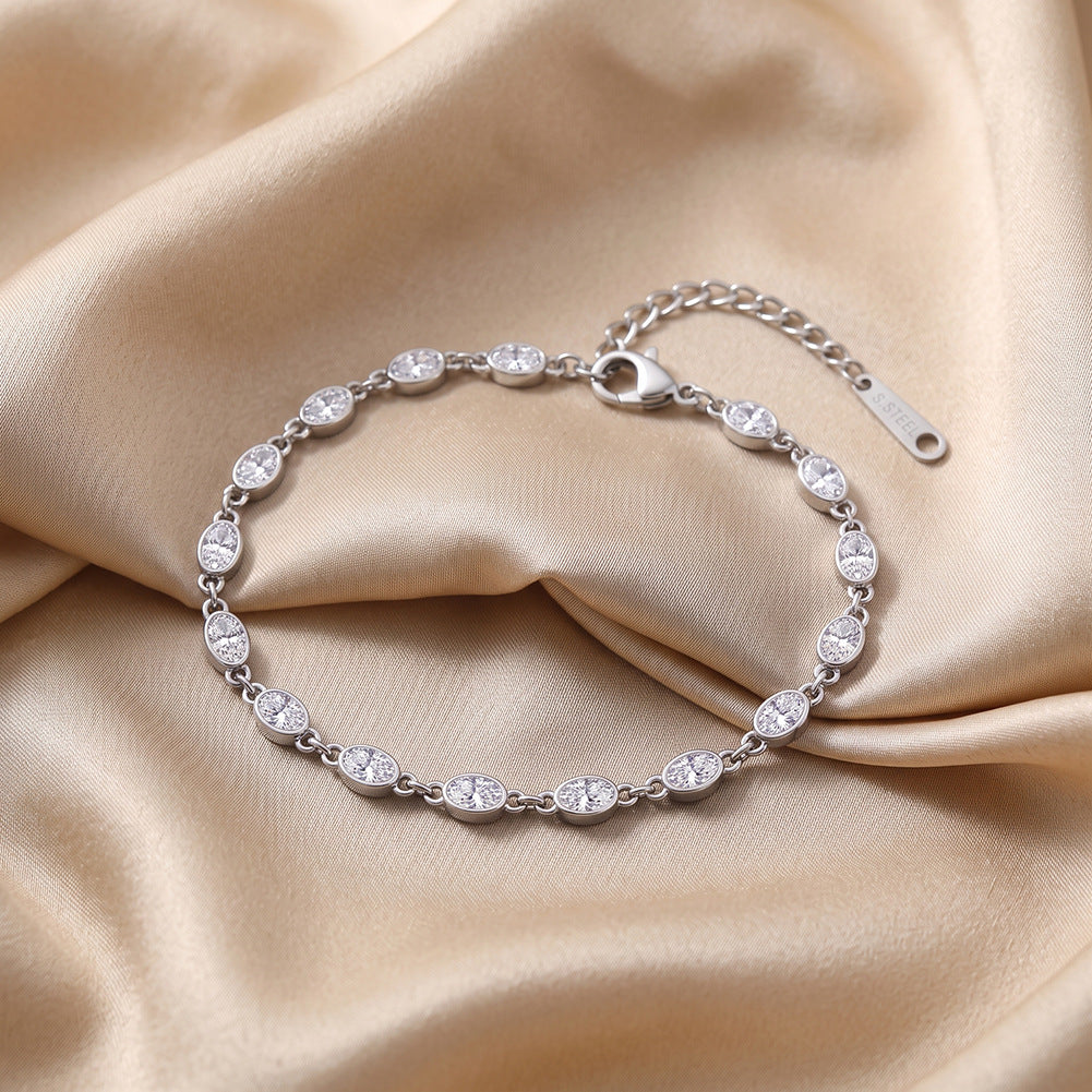Stainless Steel Oval CZ Station Bracelet, Bezel Set Oval Clear Cubic Zirconia Dainty Chain Bracelet
