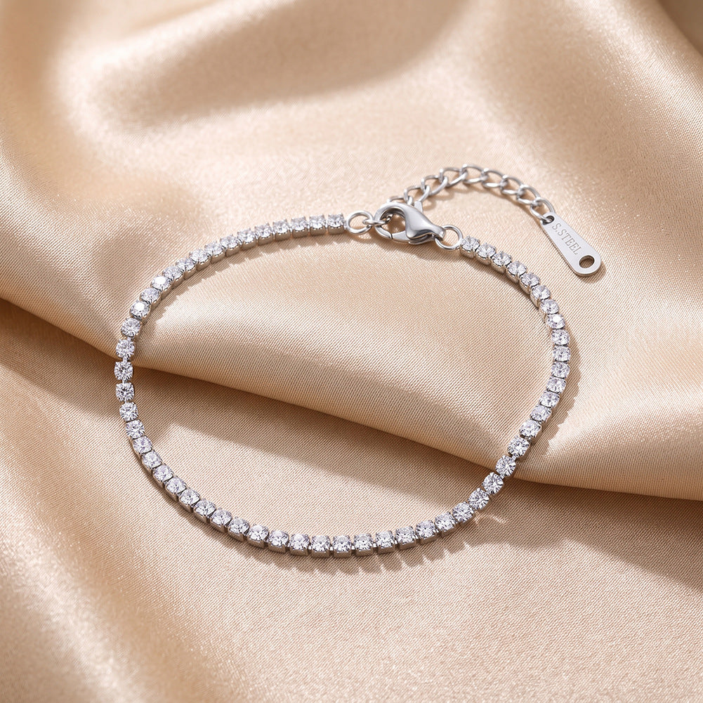 Stainless Steel Dainty Round CZ Tennis Bracelet, Thin Sparkling Clear Cubic Zirconia Stackable Bracelet