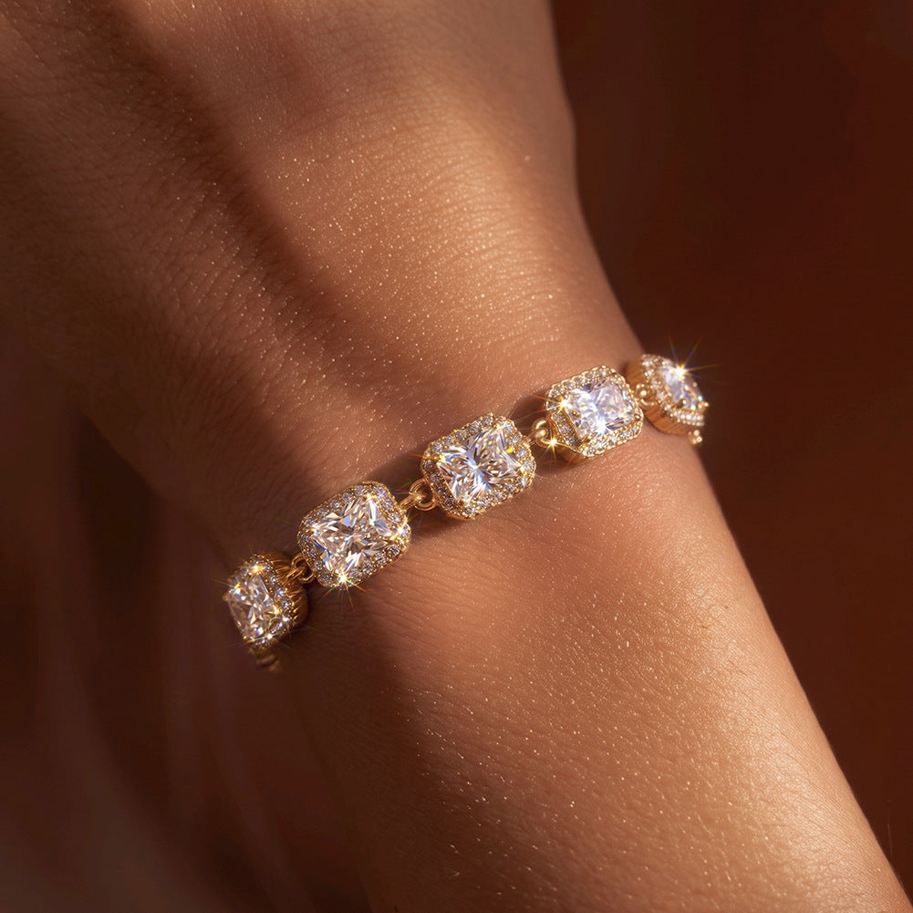 Stainless Steel Rectangle CZ Halo Link Bracelet, Emerald Cut Clear Cubic Zirconia Station Adjustable Bracelet