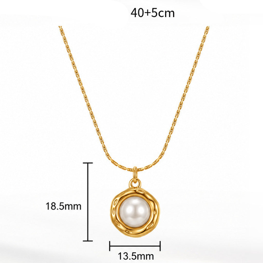 Stainless Steel Round Pearl Pendant Necklace, Smooth Lustrous Round Pearl with Soft Creamy Orient Set in Irregular Hammered Silver Frame