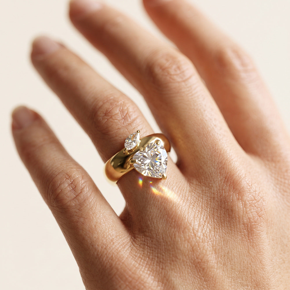 Stainless Steel Gold Plated Chunky Band Ring with Large Heart CZ and Marquise CZ