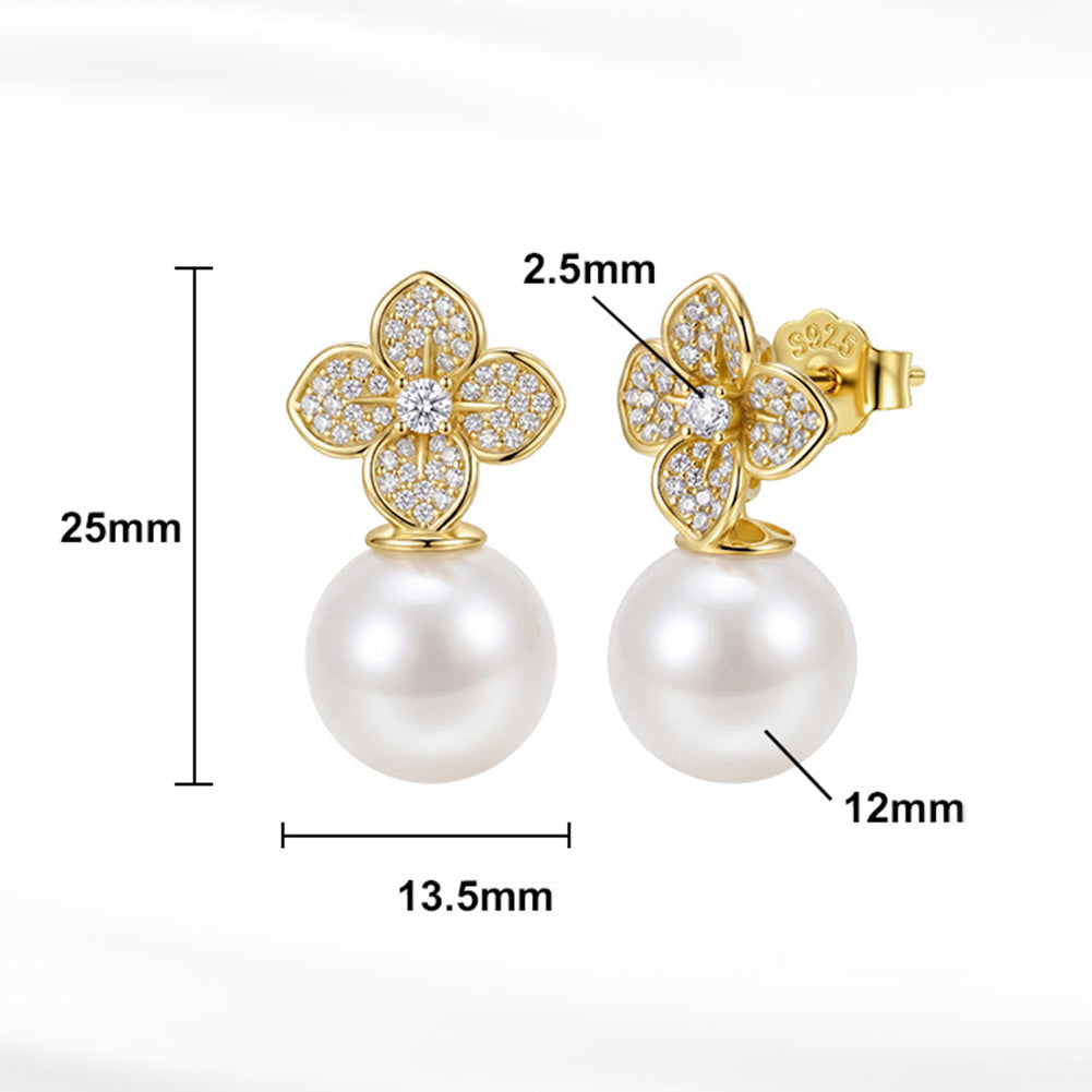 S925 Sterling Silver Flower Pearl Drop Earrings, Large Glossy Round Pearl with Rich Creamy Iridescent Luster Under Pave Zircon Four-Leaf Flower Top