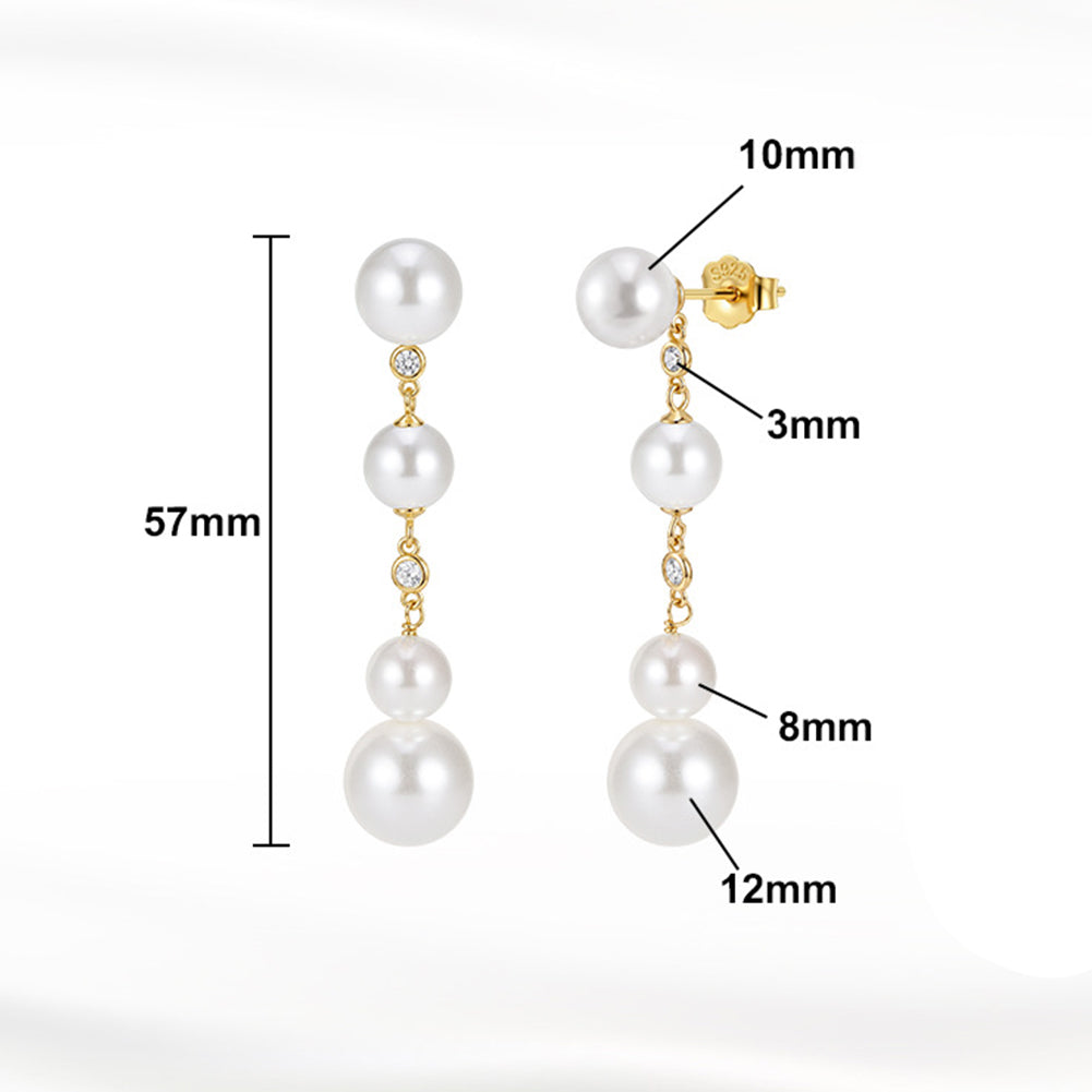 S925 Sterling Silver Layered Pearl Dangle Stud Earrings, Graduated Round Pearls with Gentle Sheen Linked by Tiny Round Cubic Zirconia Accents