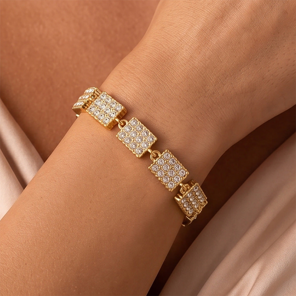 Stainless Steel Pave Square CZ Link Bracelet, Fully Paved Square Clear Cubic Zirconia Adjustable Bracelet