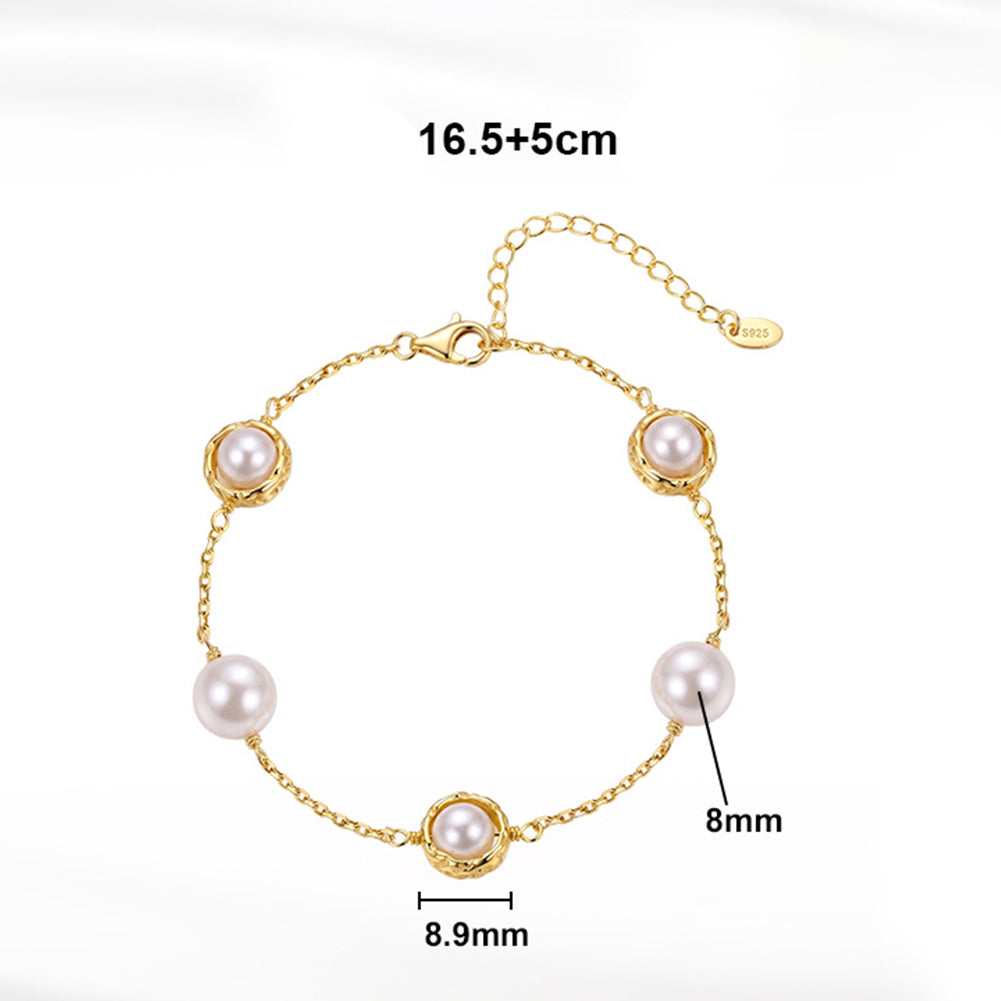 S925 Sterling Silver Station Pearl Bracelet, Large Glossy Round Pearls with Rich Luster Set in Textured Silver Bezel Frames