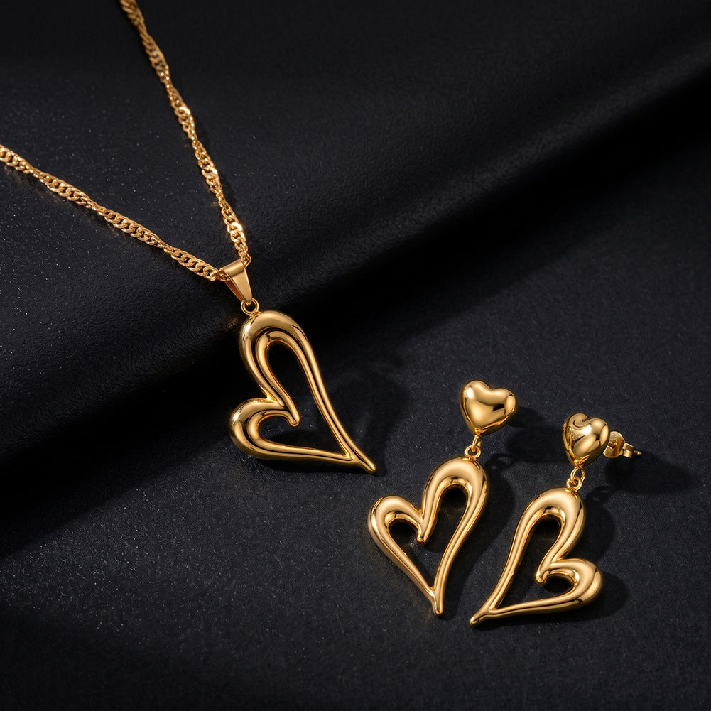 Stainless Steel Open Hollow Heart Pendant Necklace, Polished Abstract Hollow Heart Charm with Smooth Curved Lines, Thick Curb Chain