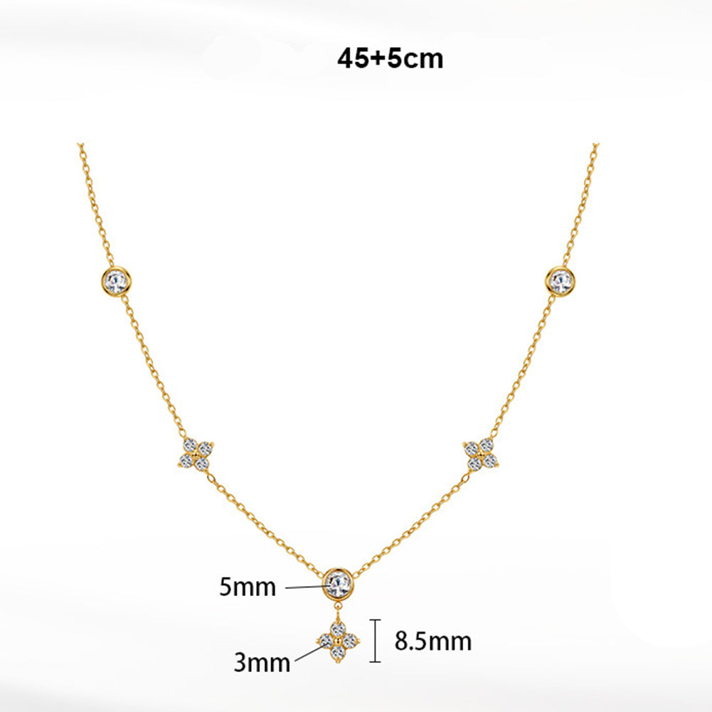 Stainless Steel Four Leaf Clover Station Necklace, Three Paved CZ Clover Charms and Round Bezel Set CZ Stations on Delicate Cable Chain