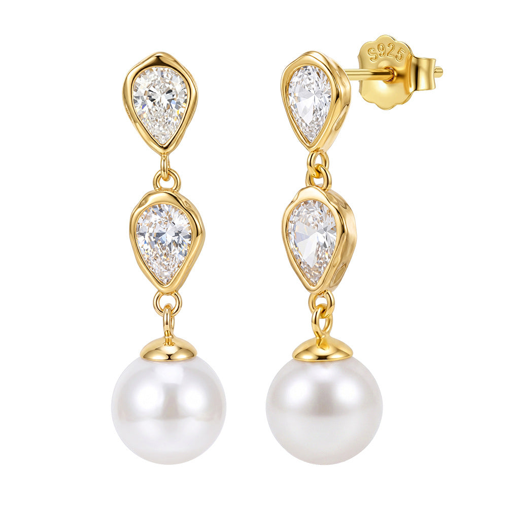 S925 Sterling Silver Double Teardrop Zircon Pearl Dangle Earrings, Big Round Pearl with Gentle Silky Sheen