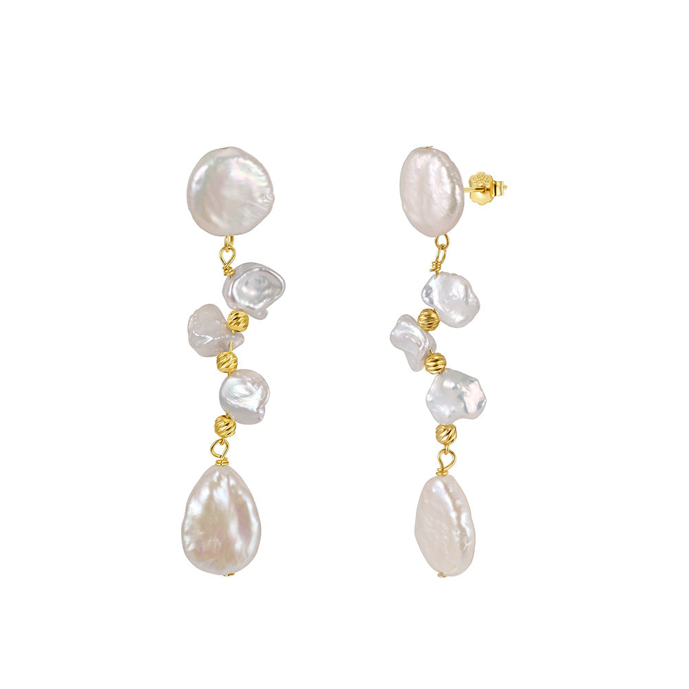 S925 Sterling Silver Cascading Keshi Pearl Long Drop Earrings, Stacked Petal Keshi Pearls and Teardrop Baroque Pearl with Gentle Lustre