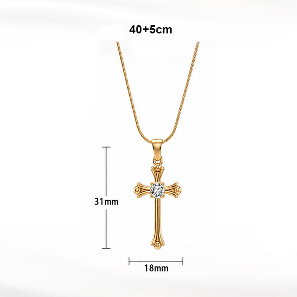 Stainless Steel Vintage CZ Cross Necklace, Retro Ornate Cross with Central Round Cubic Zirconia, Classic Thin Snake Chain
