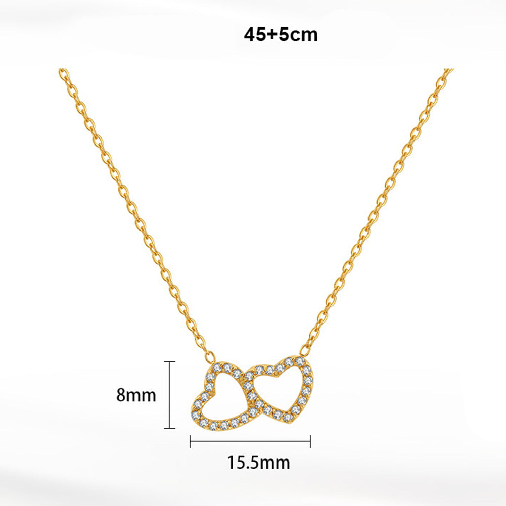 Stainless Steel Interlocking Double Heart Necklace, Two Overlapping Hollow Hearts Fully Paved with Shiny Clear Cubic Zirconia, Romantic Linked Heart Pendant