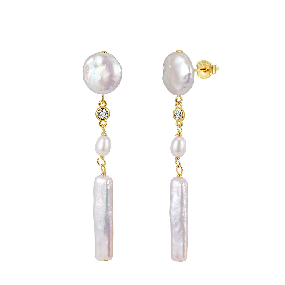 S925 Sterling Silver Multi-Shape Baroque Pearl Long Drop Earrings, Coin Pearl, Rice Pearl and Biwa Stick Pearl with Iridescent Luster