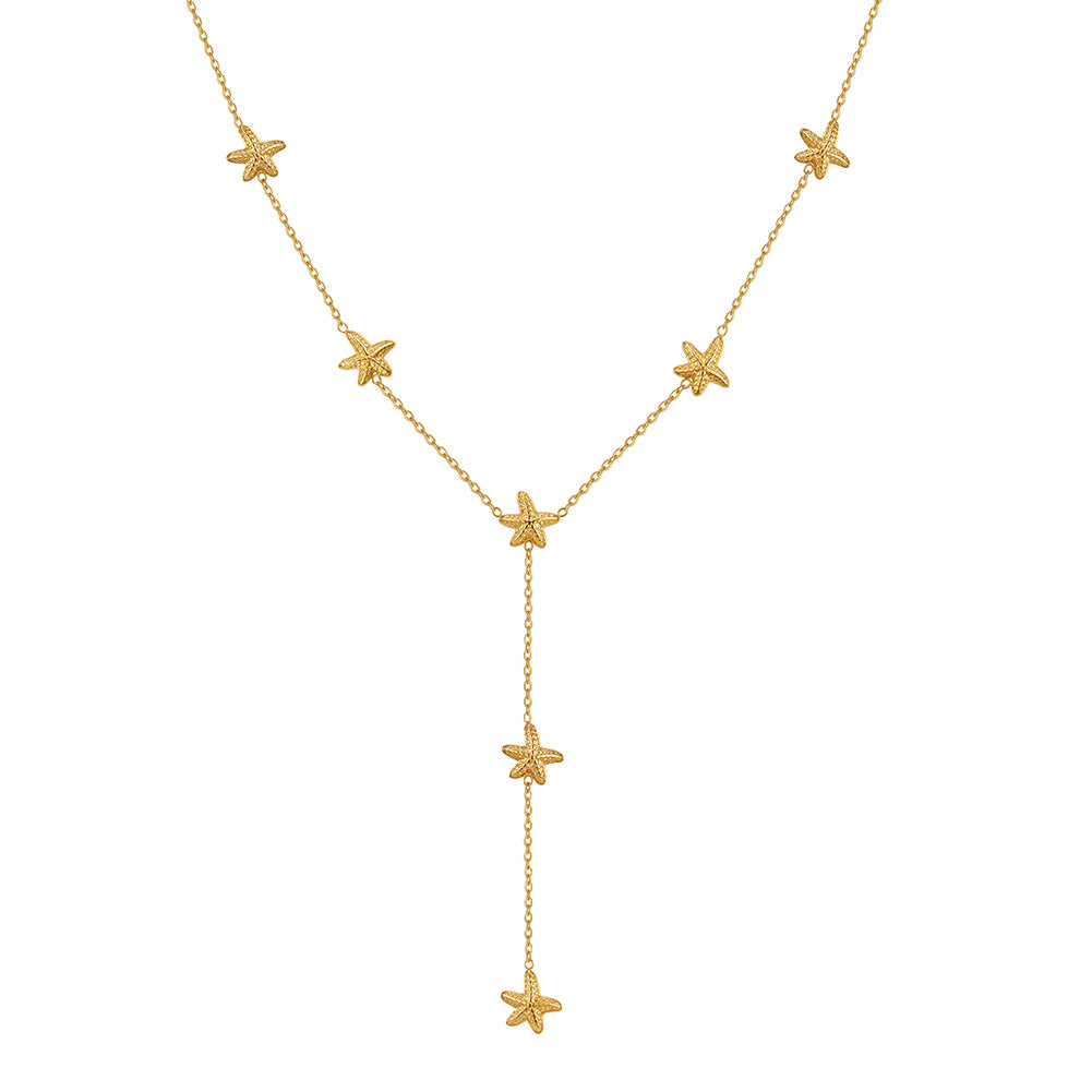 Stainless Steel Starfish Y Drop Necklace, Multi Paved CZ Starfish Charms on Dainty Cable Chain, Beach Inspired Layered Y Pendant Necklace