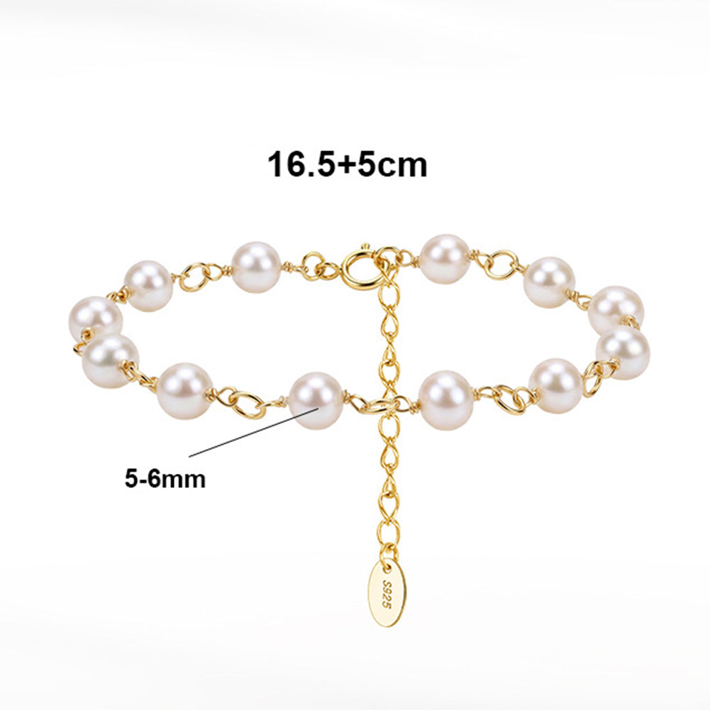 S925 Gold Plated S925 Sterling Silver Pearl Bracelet, Uniform Round Cream Pearls with Bright Elegant Lustre on Chunky Gold Chain