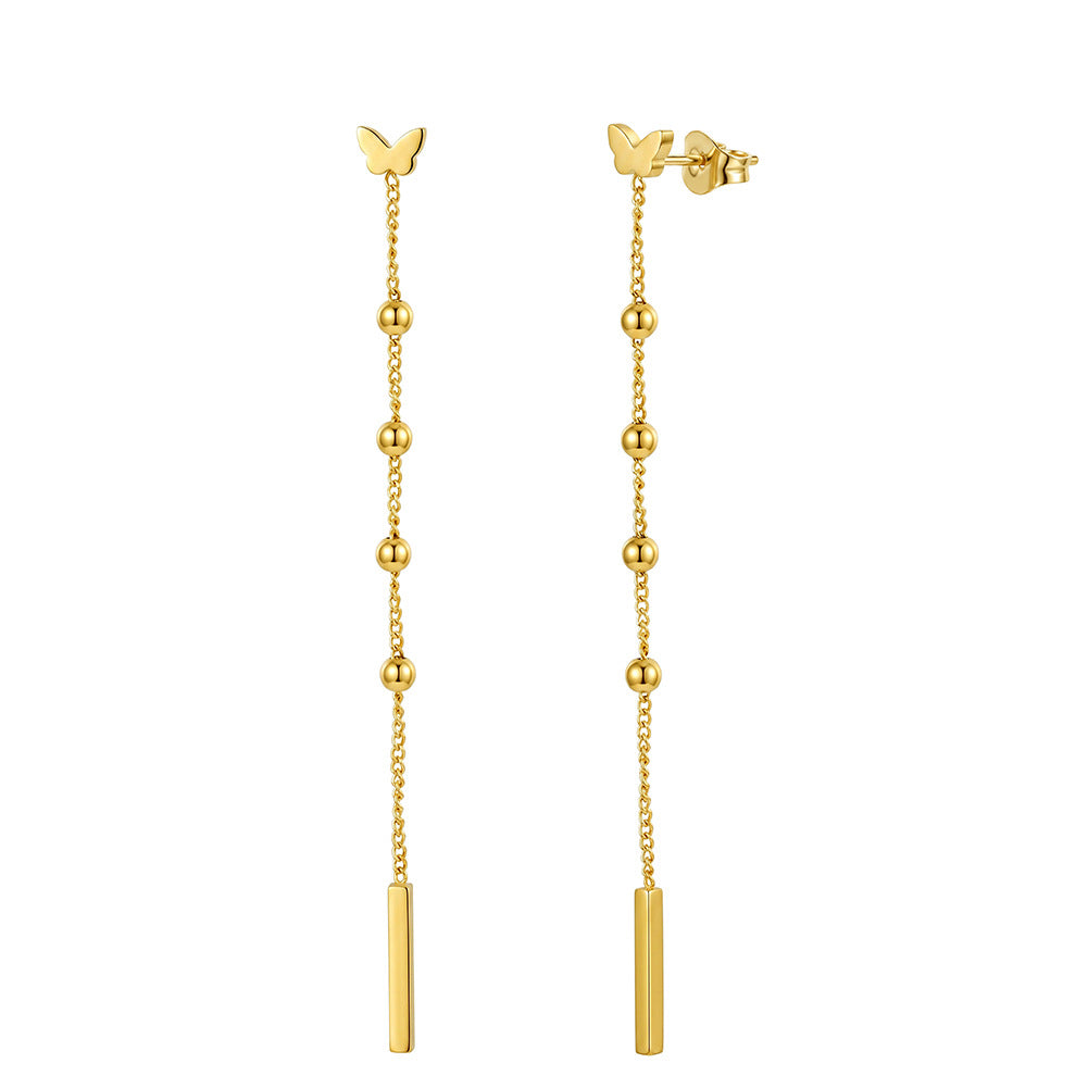 Stainless Steel Butterfly Long Drop Earrings with Beaded Chain and Vertical Bar Charm