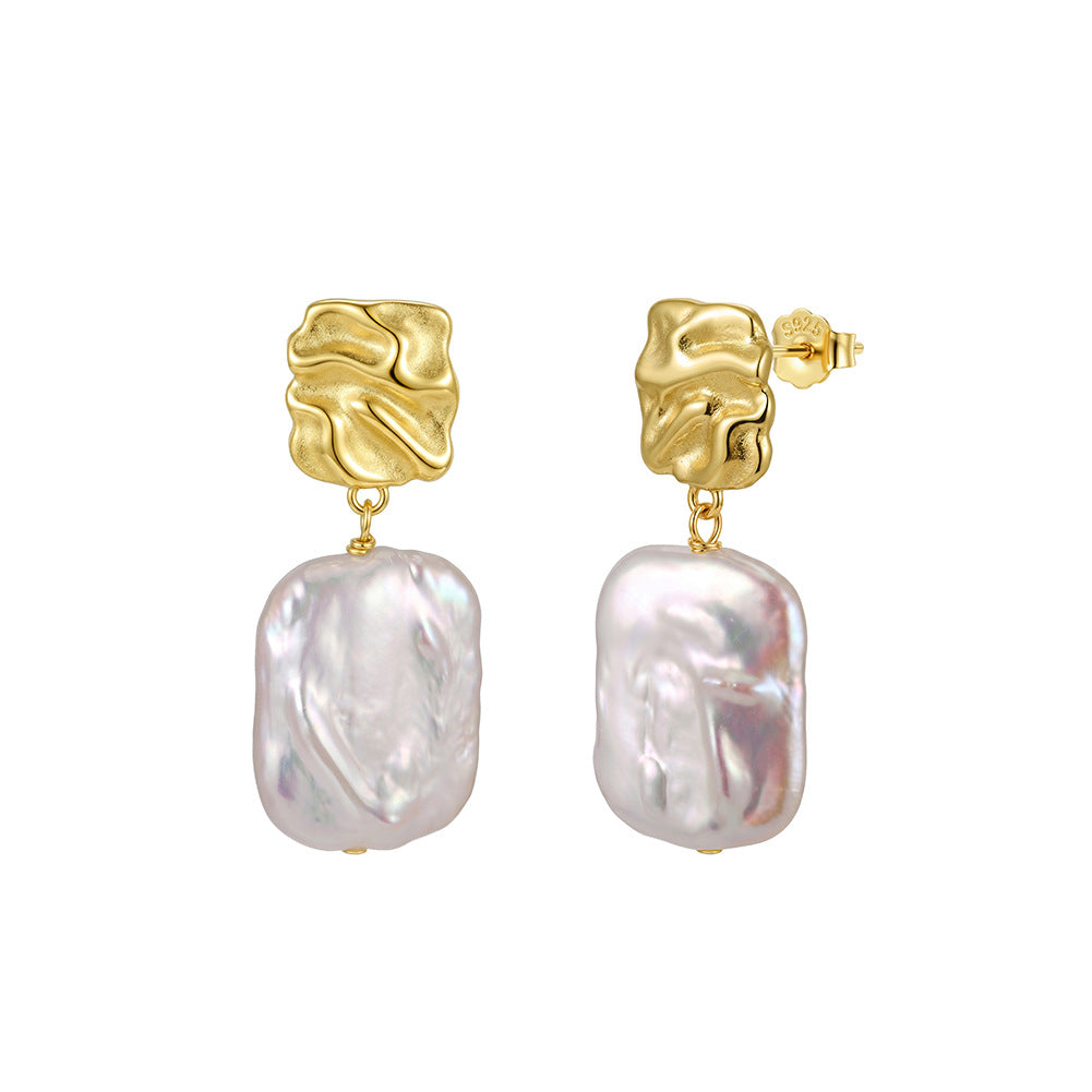 S925 Sterling Silver Textured Square Baroque Pearl Earrings, Large Rectangular Baroque Pearl with Vibrant Rainbow Luster