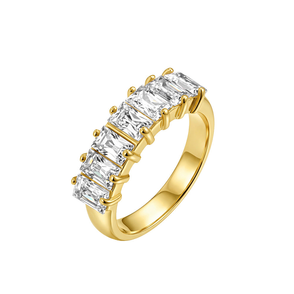 Stainless Steel Rectangle Emerald Cut CZ Five Stone Eternity Band Ring