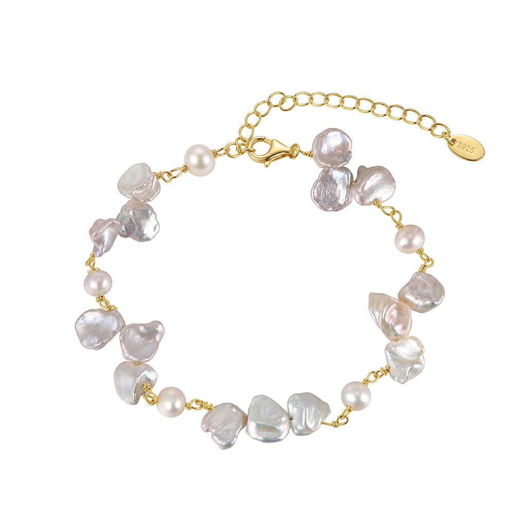 S925 Sterling Silver Keshi Baroque Pearl Bracelet, Irregular Petal-Shaped Freshwater Pearls with Colorful Rainbow Orient Luster