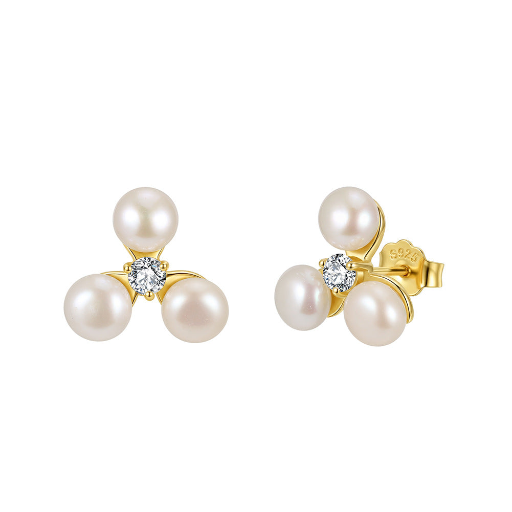 S925 Sterling Silver Three Pearl Clover Stud Earrings, Three Round Pearls with Warm Subtle Iridescent Luster