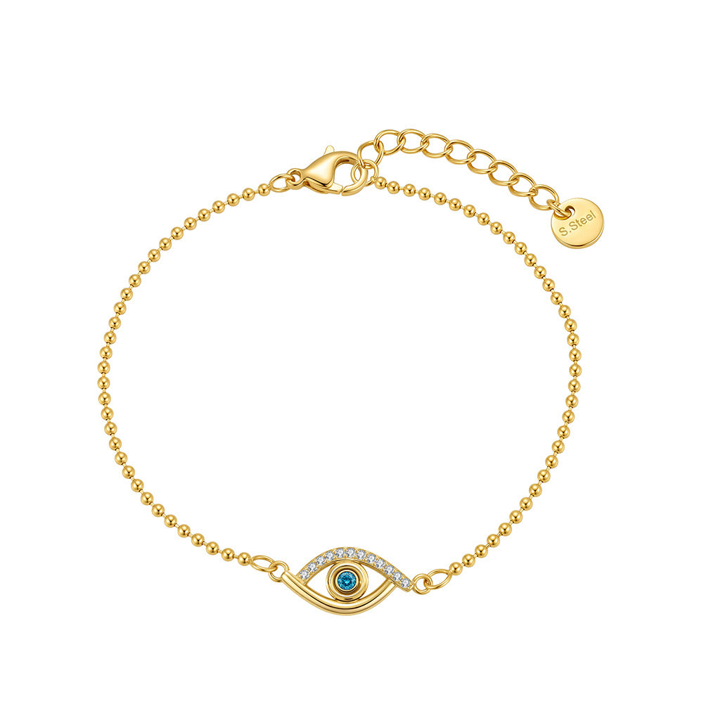 Stainless Steel Beaded Ball Chain Evil Eye Bracelet, Sparkling Blue CZ Eye Charm Delicate Bracelet