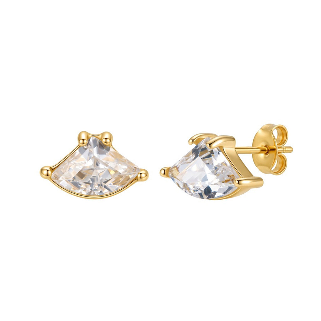 316 Stainless Steel Fan Shaped Cubic Zirconia Stud Earrings, Three Prong Setting, Large Brilliant Cut CZ Stone, Glossy Polished Surface, Classic Butterfly Clasp Backs, Elegant Statement Stud Earrings