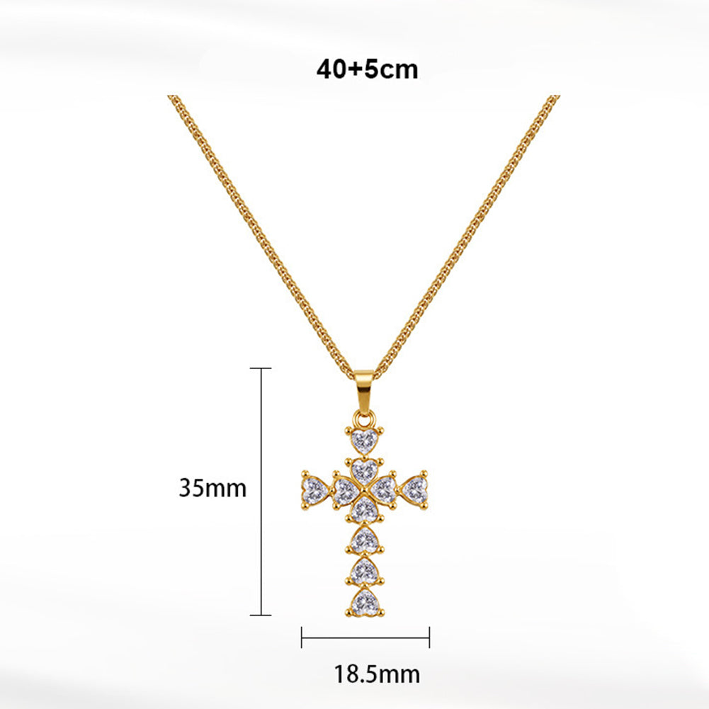 Stainless Steel Heart Cut CZ Cross Pendant Necklace, Sparkling Heart Cubic Zirconia Cross Charm on Thick Wheat Chain
