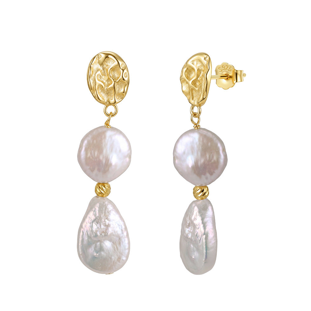 S925 Sterling Silver Double Baroque Pearl Dangle Earrings, Coin Pearl and Teardrop Baroque Pearl with Rich Rainbow Pearl Iridescence