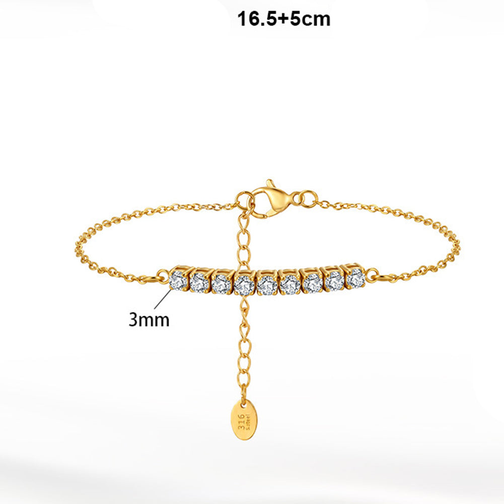 316 Stainless Steel Dainty Thin Cable Chain Bracelet, Horizontal Row of Nine Square Bezel Set CZ Crystals, Sparkling Stackable Design with Adjustable Extender and Engraved 316 Tag
