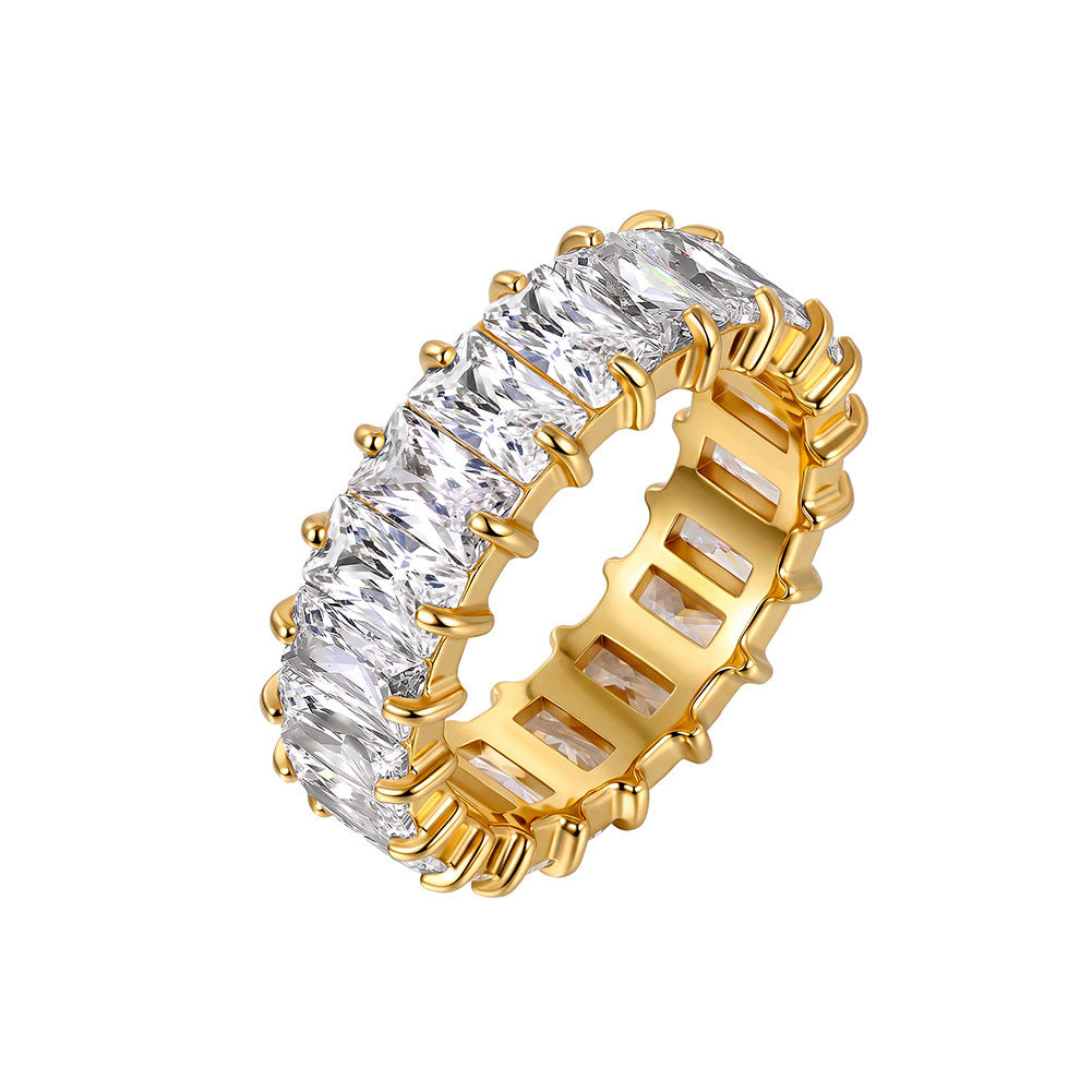 316 Stainless Steel Full Eternity Band Ring, Prong Set Rectangular Emerald Cut Cubic Zirconia All Around, Polished Shiny Finish, Stackable Sparkling Wedding Band for Women